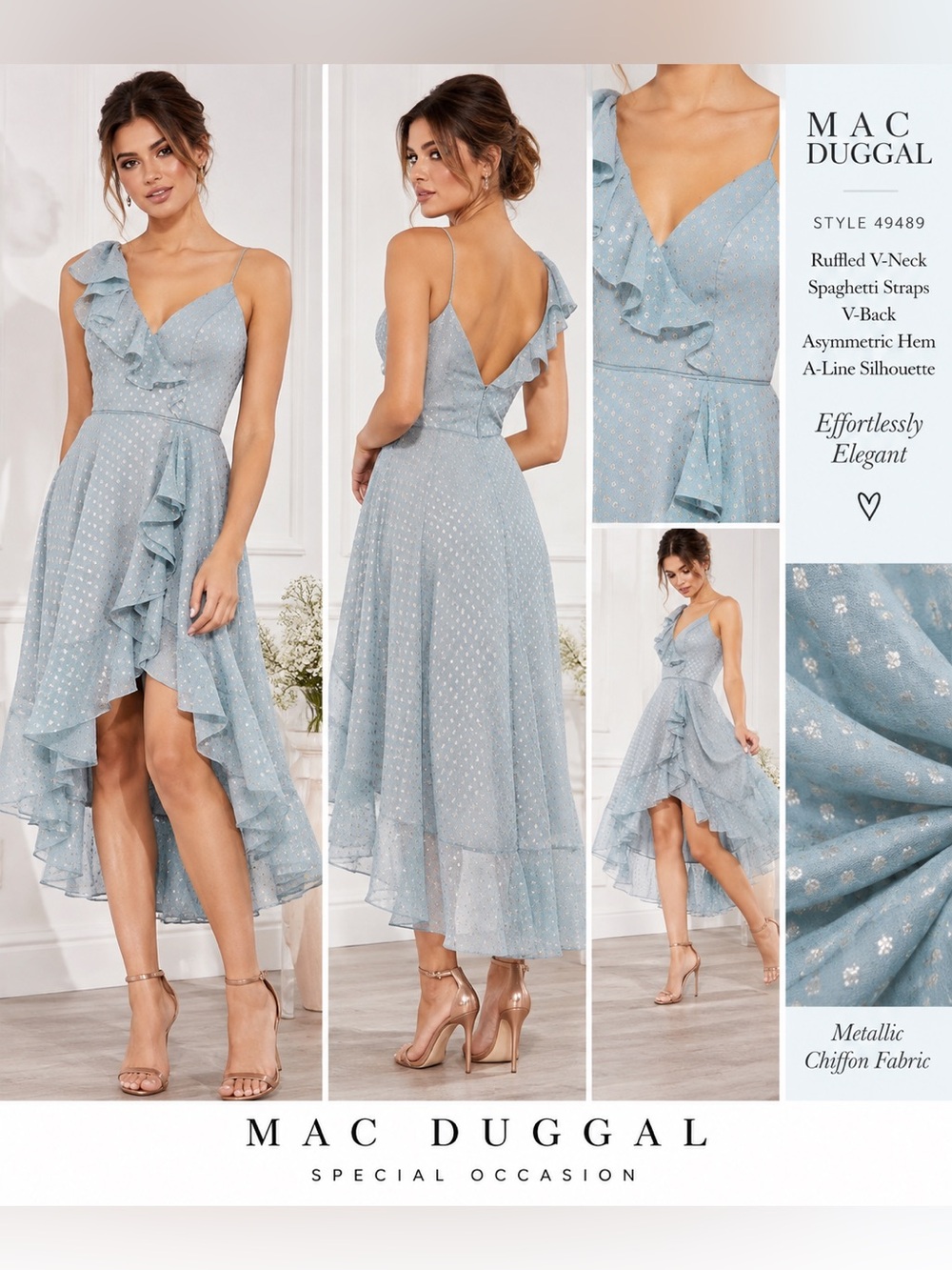 NWT Mac Duggal 49489 Blue Metallic Chiffon High Low Ruffle Dress Size 4